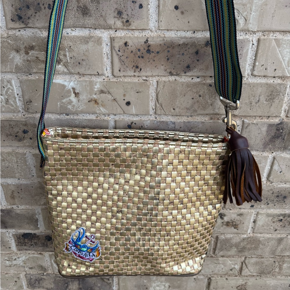 Consuela Midtown Crossbody bag Gold Woven Shoulder Bag with Brown Tassel - Picture 9 of 12
